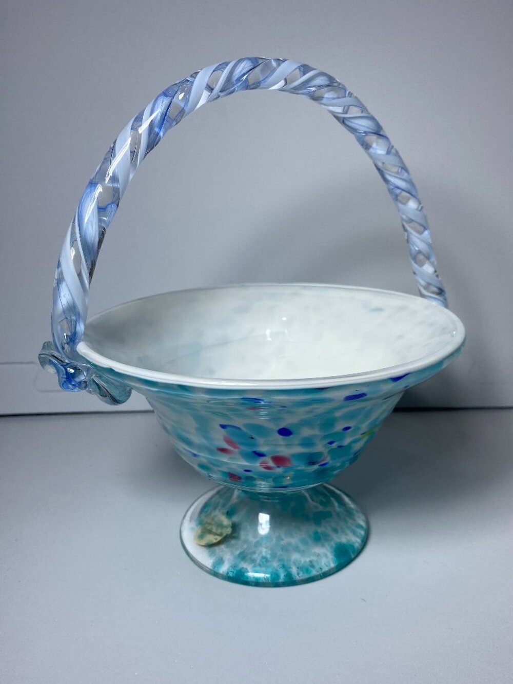 BLACK CRYSTAL Hand Blown Confetti Art Glass Pedestal Basket Twisted Handle 8"